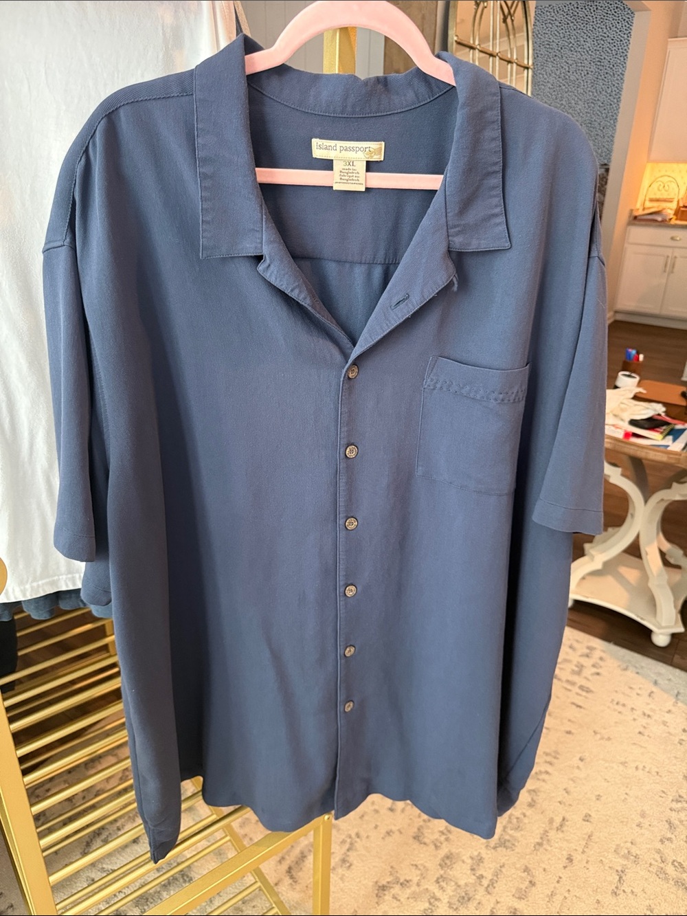 Passport Men’s Navy Blue Short-Sleeve Camp Collar Button-Down Shirt